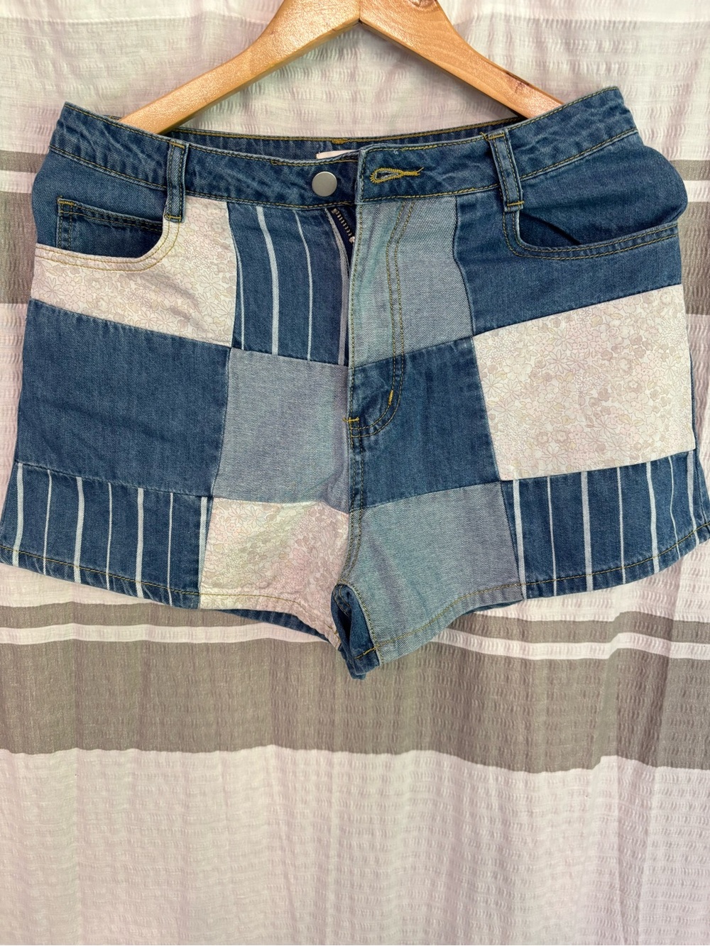 easel Patchwork Denim Shorts in Mixed Blue and Cream
